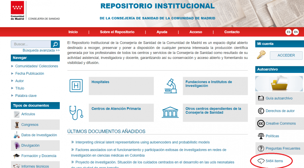 Pantallazo del Repositorio Institucional de la Consejería de Sanidad de la Comunidad de Madrid
